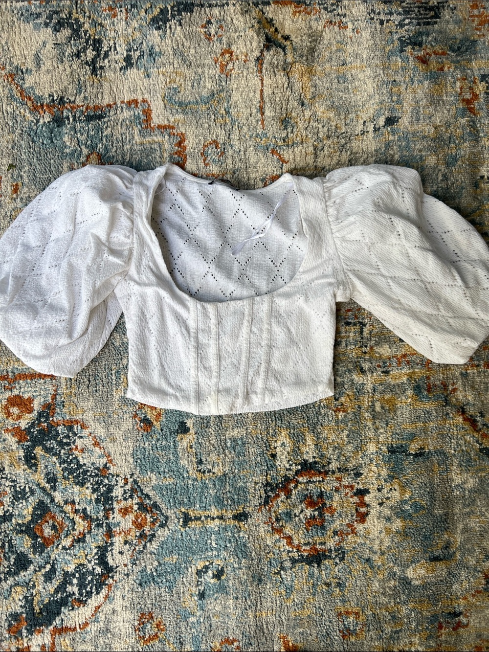 Zara White Puff Sleeve Eyelet Crop Top, SZ S